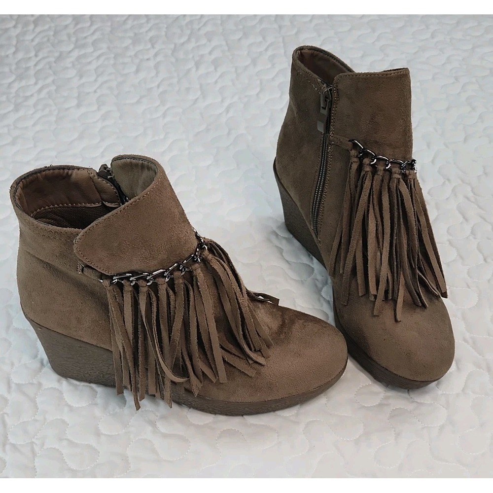 6  Brown Suede Fringe Booties Women Wedge Heel Western Boho Club